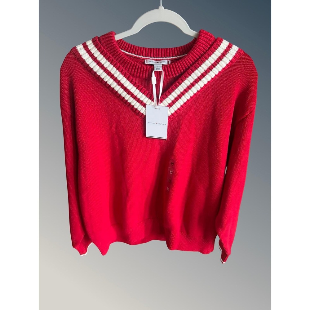 Tommy Hilfiger Americana Red V-Neck Cotton Varsity Striped Sweater Mens M New